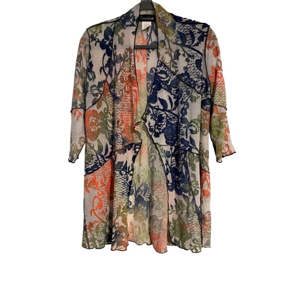 Creation Women's S Multicolor Floral Open-Front Cardigan 3/4 Sleeves Bohemian